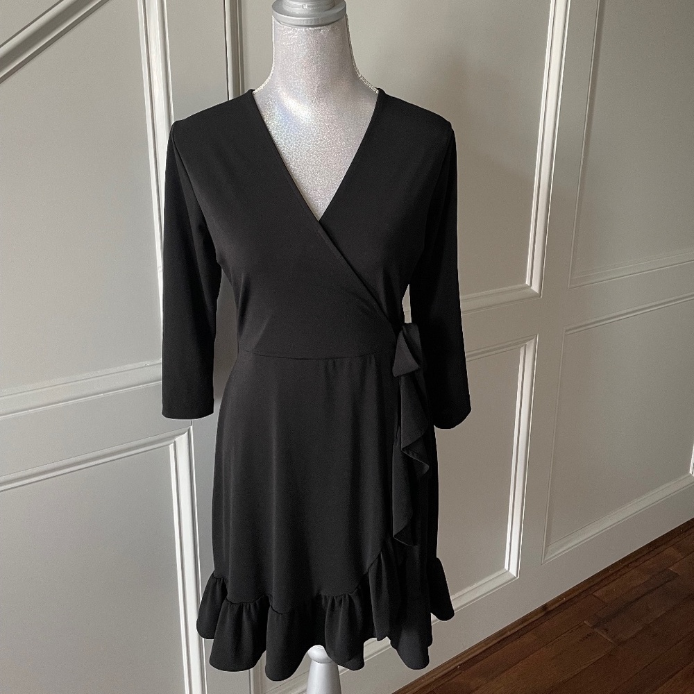 Black A-Line 3/4 Sleeve Surplice Wrap Dress Petite Large
